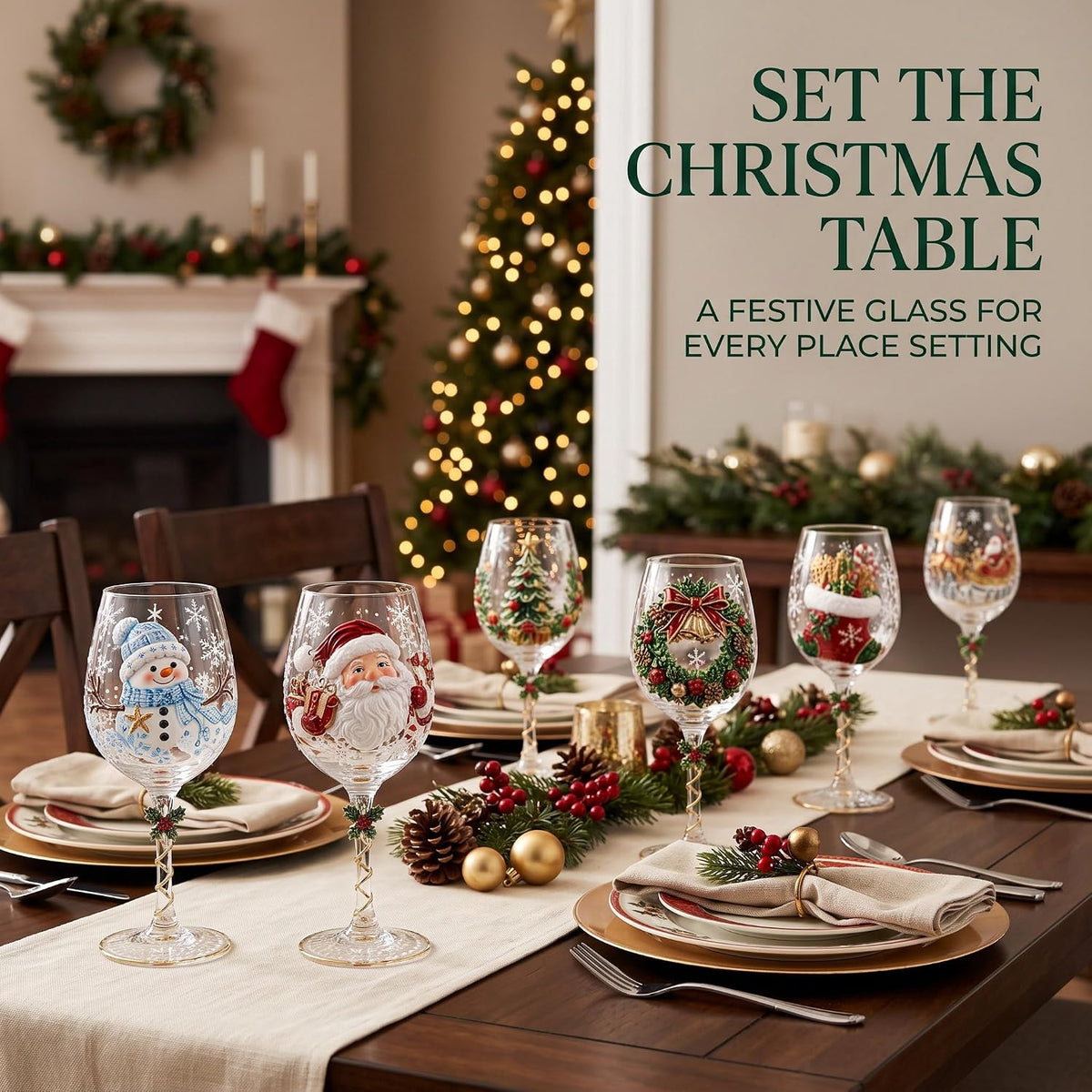 🎄🎁6Pcs Christmas Wine Glasses Set Hand-Painted Relief Glassware with Red Gift Box - Holiday Party Decor & Xmas Gifts❄️✨