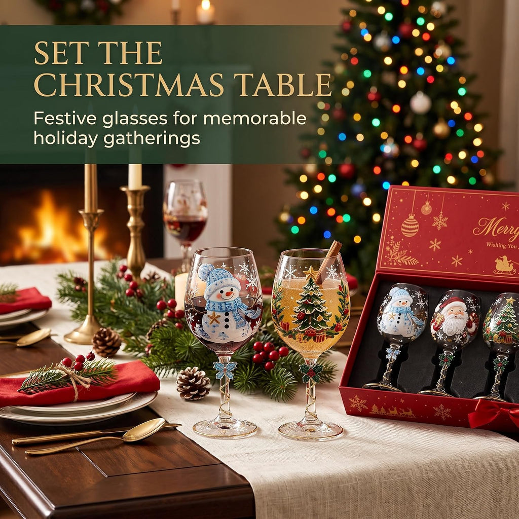 🎄🎁6Pcs Christmas Wine Glasses Set Hand-Painted Relief Glassware with Red Gift Box - Holiday Party Decor & Xmas Gifts❄️✨