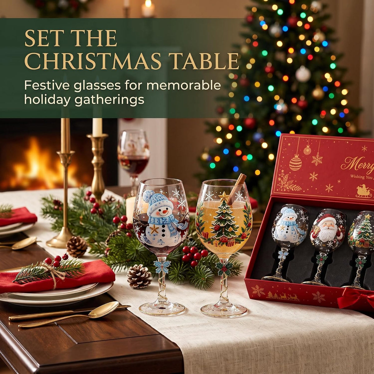 🎄🎁6Pcs Christmas Wine Glasses Set Hand-Painted Relief Glassware with Red Gift Box - Holiday Party Decor & Xmas Gifts❄️✨
