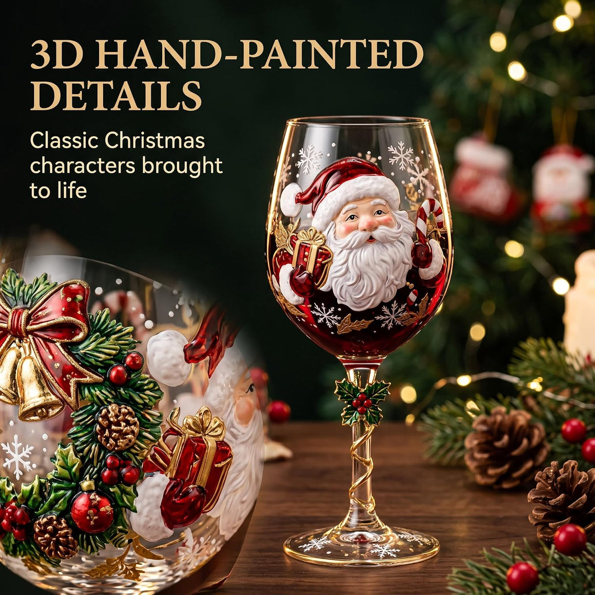 🎄🎁6Pcs Christmas Wine Glasses Set Hand-Painted Relief Glassware with Red Gift Box - Holiday Party Decor & Xmas Gifts❄️✨