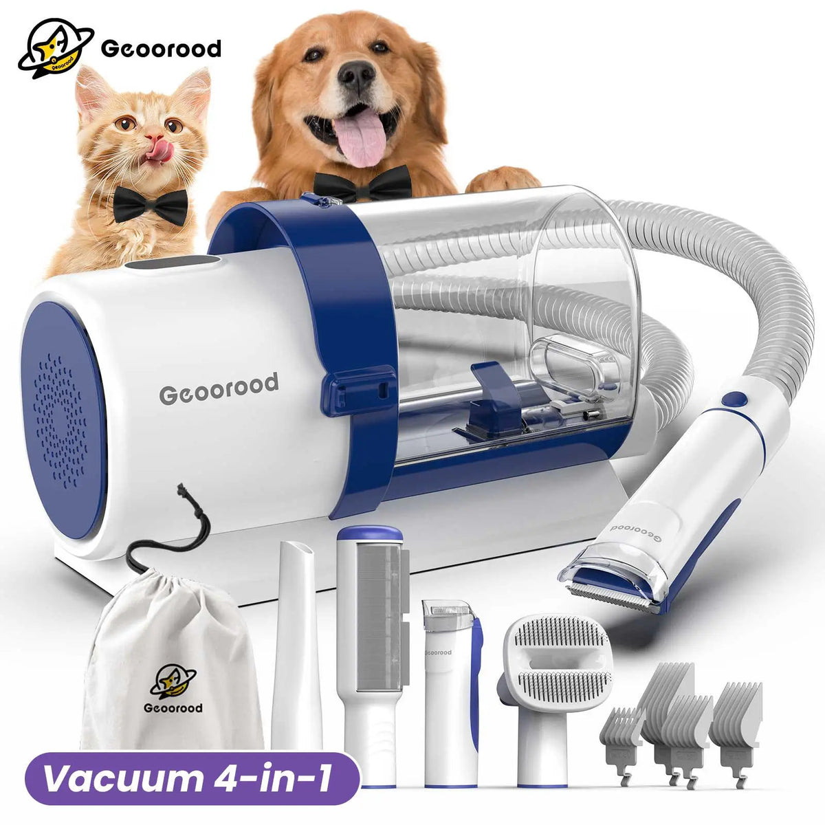 Geoorood Dog Grooming All-in-One Kit with Vacuum Brush 2.5L Large Pog, Stainless Steel Blades Lightweight Design 13KPa Suction Force Portable Cleaning Set