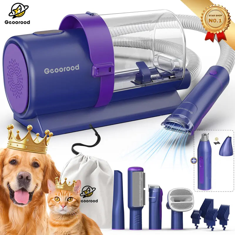 Geoorood Dog Grooming All-in-One Kit with Vacuum Brush 2.5L Large Pog, Stainless Steel Blades Lightweight Design 13KPa Suction Force Portable Cleaning Set