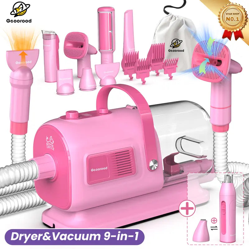 Geoorood Dog Grooming All-in-One Kit with Vacuum Brush 2.5L Large Pog, Stainless Steel Blades Lightweight Design 13KPa Suction Force Portable Cleaning Set