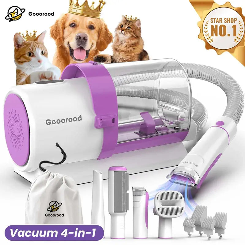 Geoorood Dog Grooming All-in-One Kit with Vacuum Brush 2.5L Large Pog, Stainless Steel Blades Lightweight Design 13KPa Suction Force Portable Cleaning Set