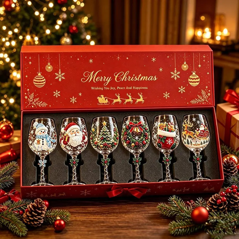 🎄🎁6Pcs Christmas Wine Glasses Set Hand-Painted Relief Glassware with Red Gift Box - Holiday Party Decor & Xmas Gifts❄️✨