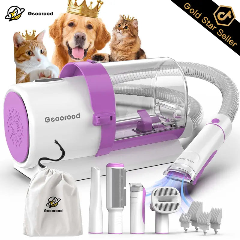 Geoorood Dog Grooming All-in-One Kit with Vacuum Brush 2.5L Large Pog, Stainless Steel Blades Lightweight Design 13KPa Suction Force Portable Cleaning Set