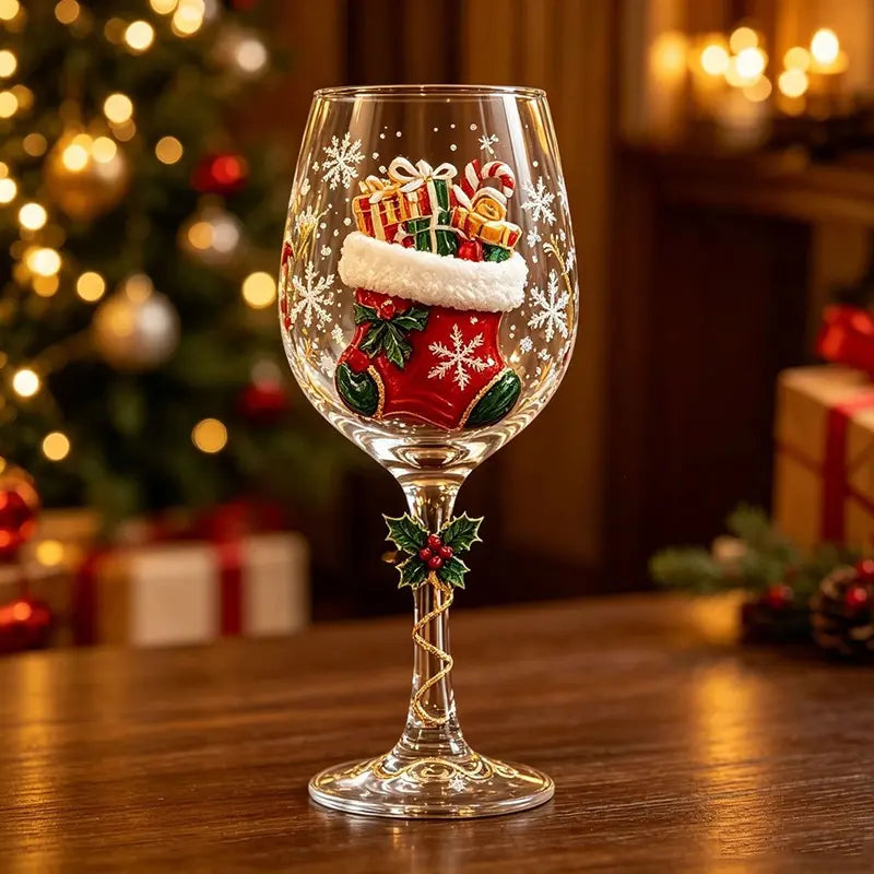 🎄🎁6Pcs Christmas Wine Glasses Set Hand-Painted Relief Glassware with Red Gift Box - Holiday Party Decor & Xmas Gifts❄️✨