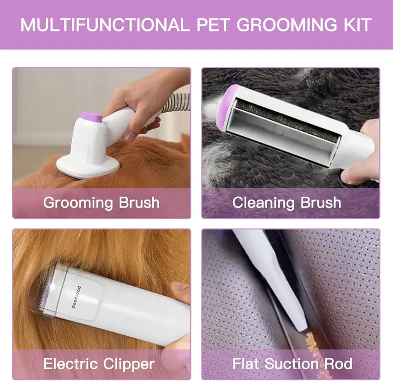 Geoorood Dog Grooming All-in-One Kit with Vacuum Brush 2.5L Large Pog, Stainless Steel Blades Lightweight Design 13KPa Suction Force Portable Cleaning Set