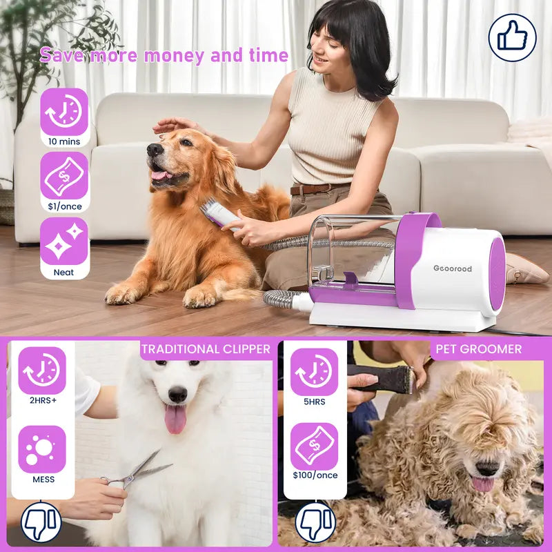Geoorood Dog Grooming All-in-One Kit with Vacuum Brush 2.5L Large Pog, Stainless Steel Blades Lightweight Design 13KPa Suction Force Portable Cleaning Set