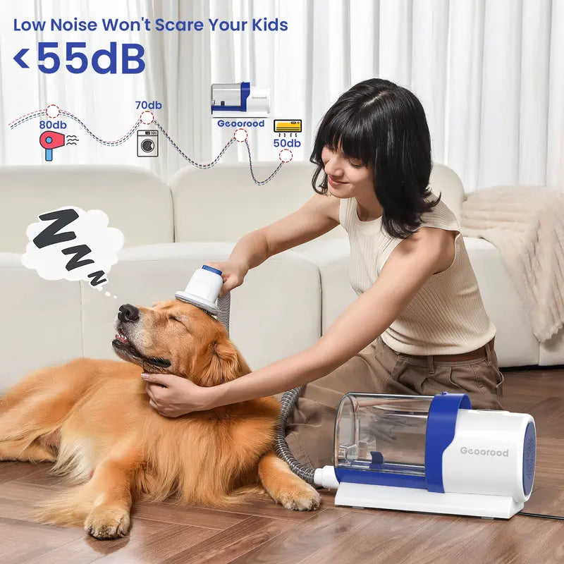 Geoorood Dog Grooming All-in-One Kit with Vacuum Brush 2.5L Large Pog, Stainless Steel Blades Lightweight Design 13KPa Suction Force Portable Cleaning Set