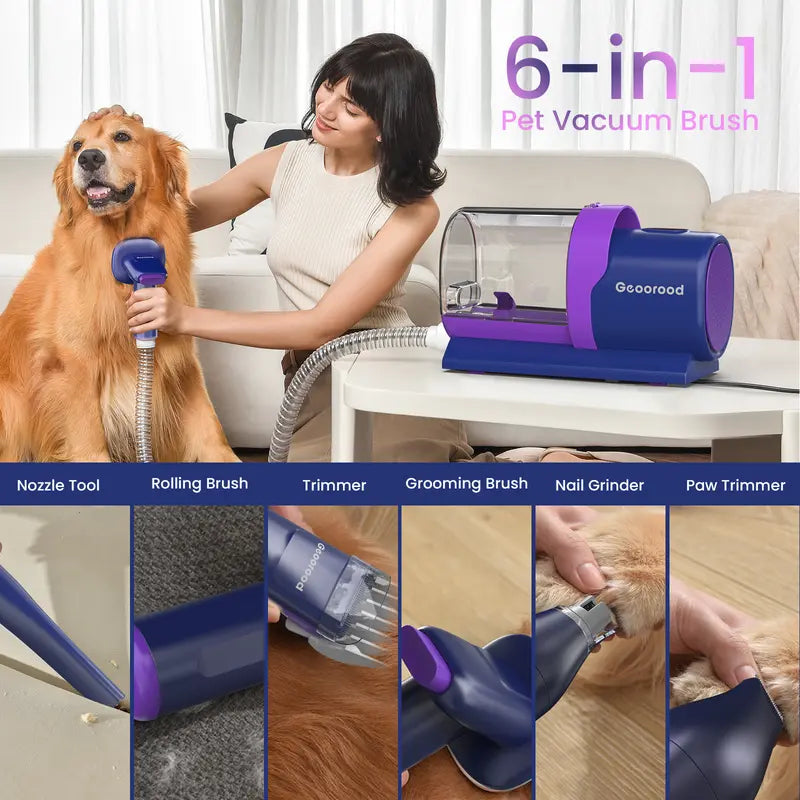 Geoorood Dog Grooming All-in-One Kit with Vacuum Brush 2.5L Large Pog, Stainless Steel Blades Lightweight Design 13KPa Suction Force Portable Cleaning Set