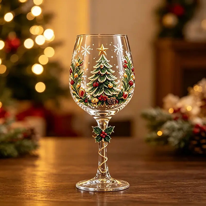 🎄🎁6Pcs Christmas Wine Glasses Set Hand-Painted Relief Glassware with Red Gift Box - Holiday Party Decor & Xmas Gifts❄️✨