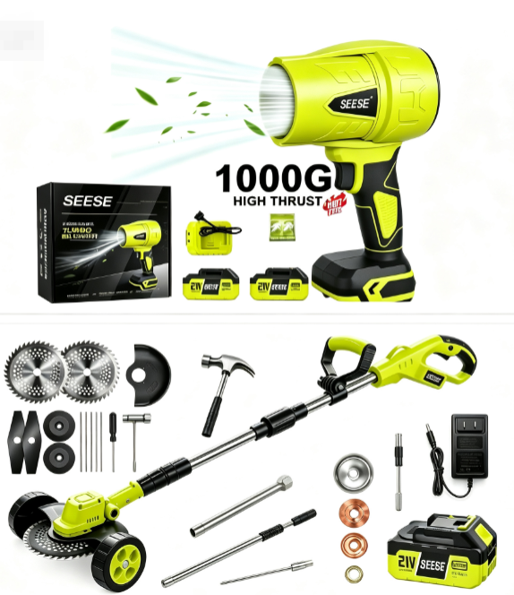 SEESE Weed Wacker & Leaf Blower Combo🌿💨⚡ | 3 Heads, 4 Batteries, Brushless Motor